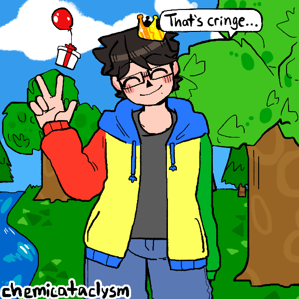 A picture of Casper, who has black hair on the shorter side, glasses, and a colorful hoodie