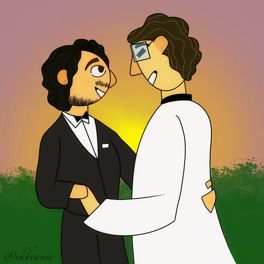 Art of Casper and Mark at their wedding, with Mark in a black tuxedo and Casper in a white one.,